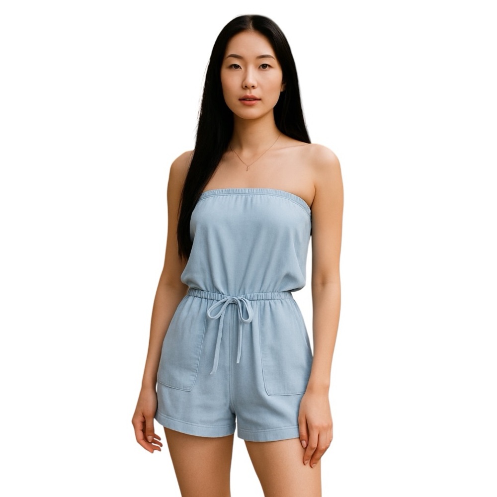 New Lulu's Light Blue Chambray Romper Shorts Drawstring Waist Sz S Summer Beach
